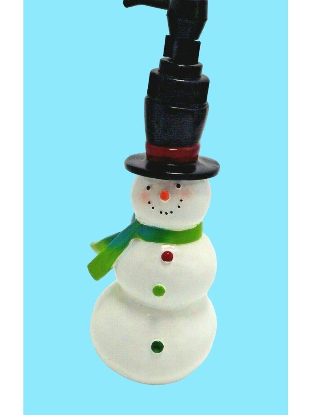 Snowman Hand soap dispenser Black Top Hat Green Scarf Christmas Winter